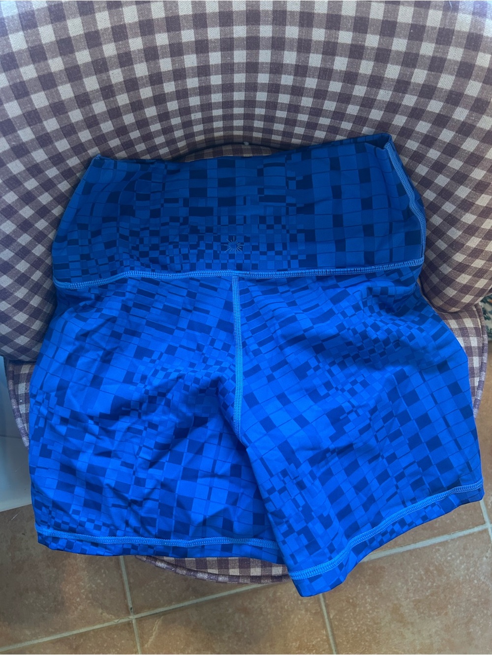 Blue Checkered Athletic Shorts with Gold Interior Print